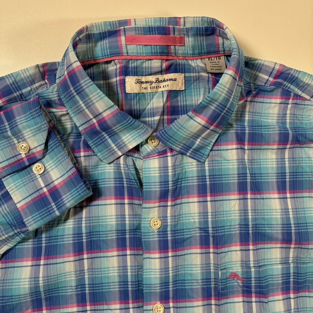 Tommy Bahama‎ Siesta Key Shirt XL Blue Pink Plaid Performance Nylon Stretch